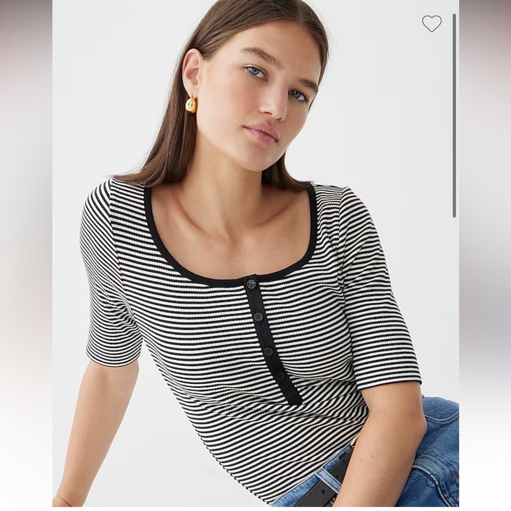 J. Crew Scoopneck Ribbed Henley T-Shirt in Stripe Sz L Black White Preppy Classi